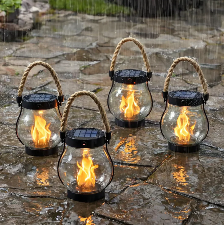 Solar Flame Lantern, Weatherproof Plastic | 25 x 13 cm, 12-Hour Solar Glow | Hemp Rope Wrap, Rain & Wind Resistant 1