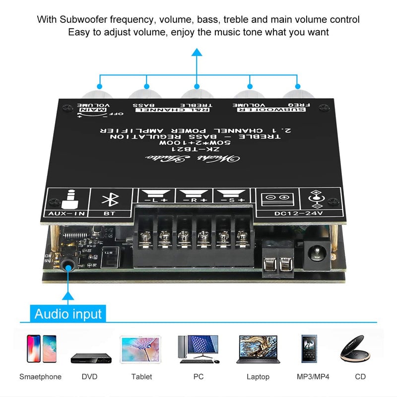 2.1 Channel Power Amplifier Module | Bluetooth & AUX Input with Bass Treble Control | 50 W x2 + 100 W Subwoofer Output 7
