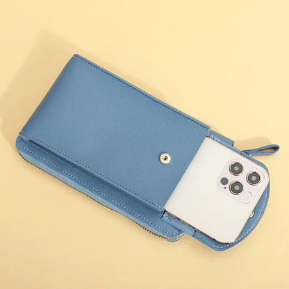 Blue phone case with a white phone inside on a beige background