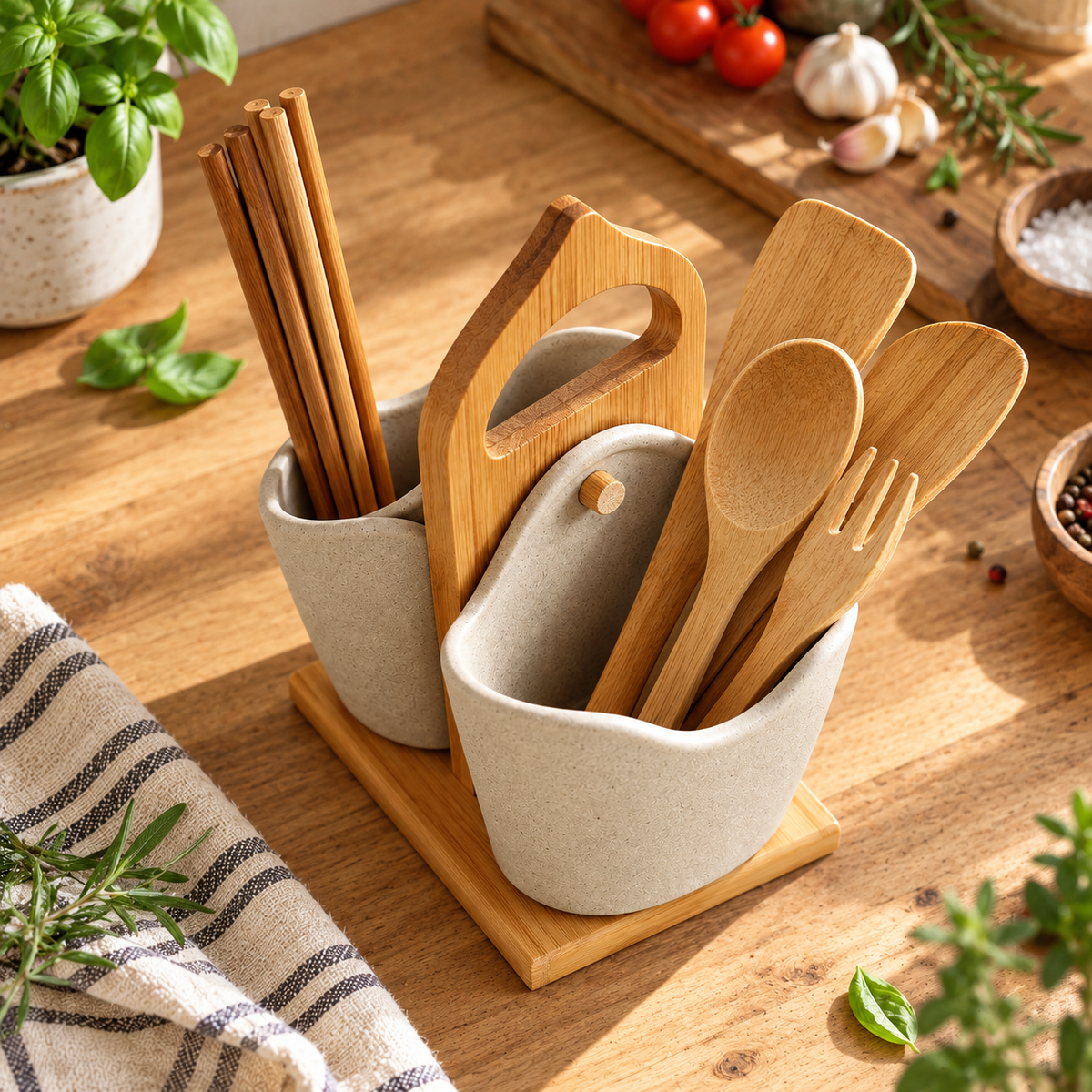 Ceramic Silverware Container Set 2 Pieces | Japanese-Inspired Minimalist Style | Upright Countertop Utensil Storage 3
