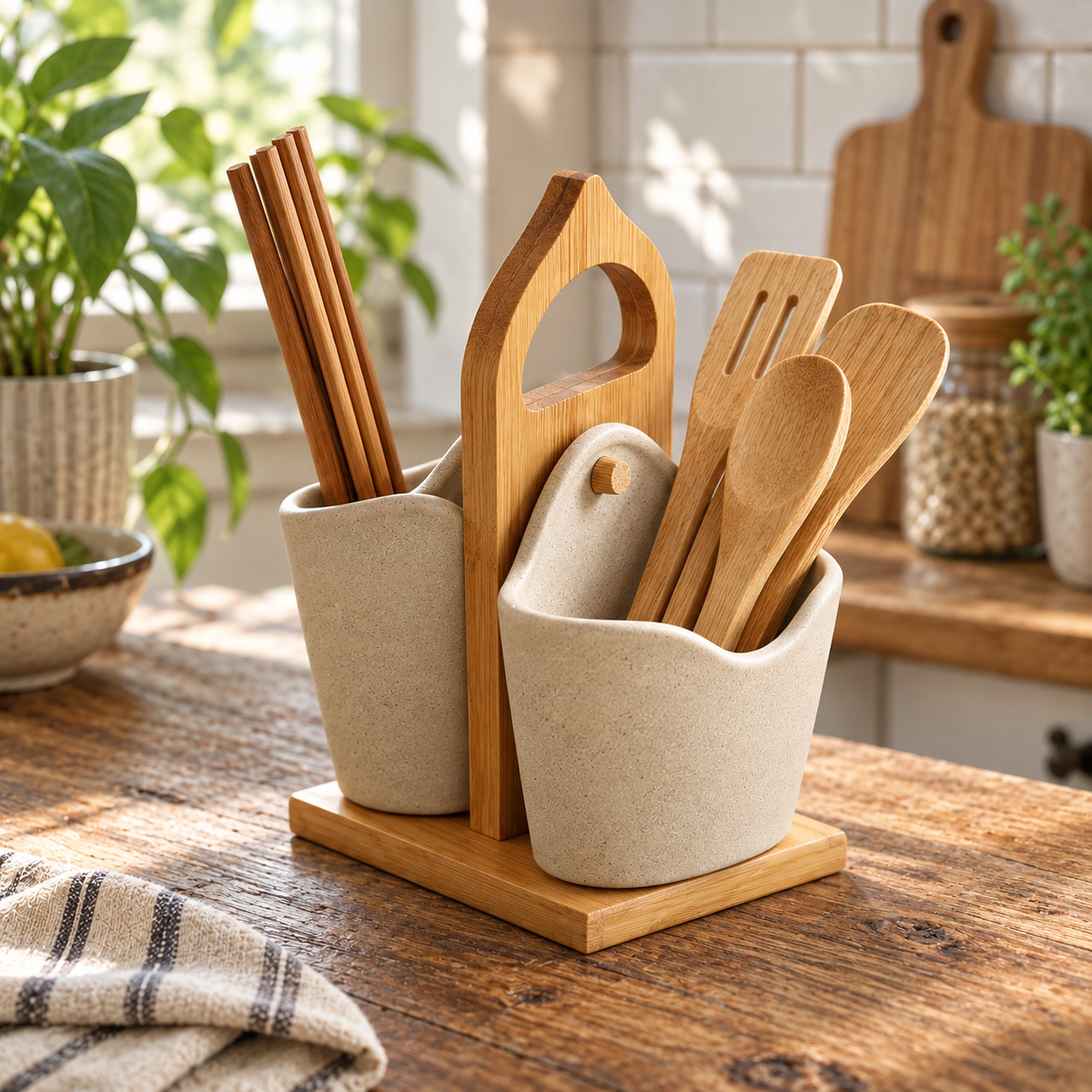 Ceramic Silverware Container Set 2 Pieces | Japanese-Inspired Minimalist Style | Upright Countertop Utensil Storage 5