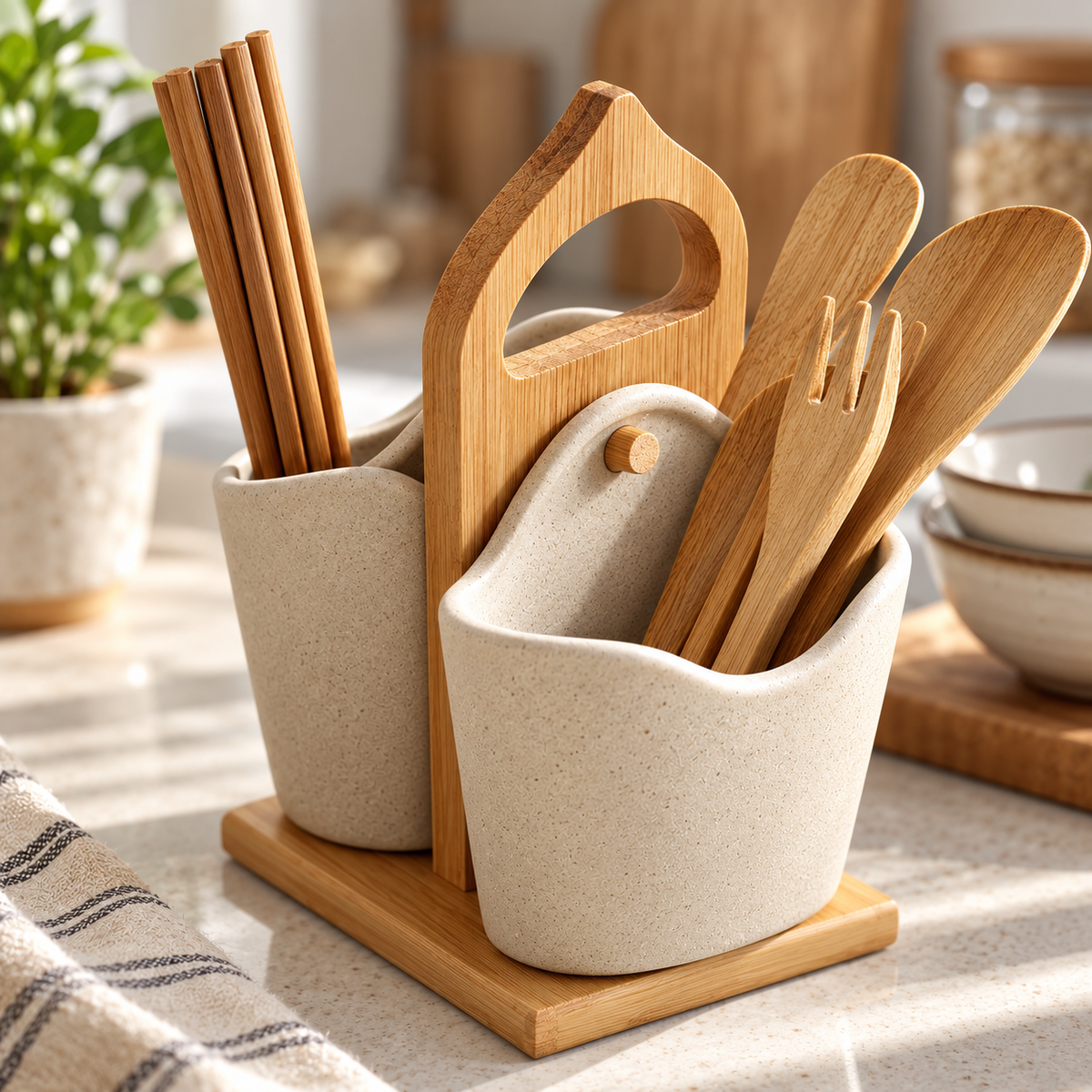 Ceramic Silverware Container Set 2 Pieces | Japanese-Inspired Minimalist Style | Upright Countertop Utensil Storage 1