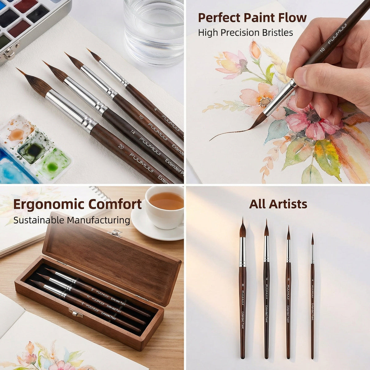 Artist Paint Brush Set, Birch Wood Handles | 4 or 6 Brushes, Fine to Broad Tips | Nickel-Plated Ferrules, Built-In Reservoir 1
