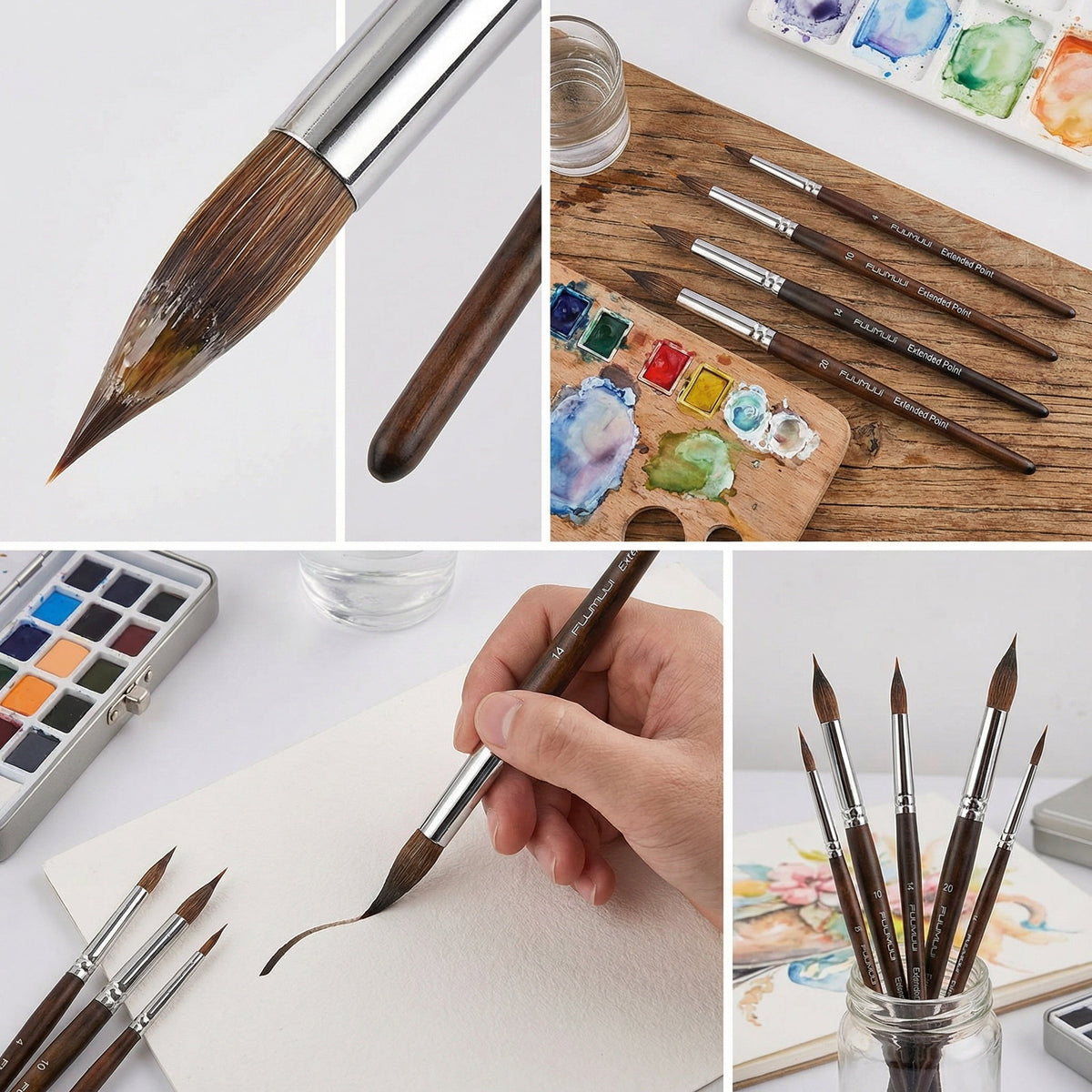 Artist Paint Brush Set, Birch Wood Handles | 4 or 6 Brushes, Fine to Broad Tips | Nickel-Plated Ferrules, Built-In Reservoir 3
