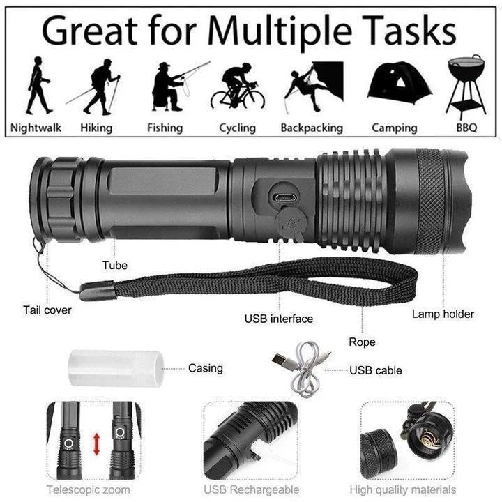 LED Flashlight XHP50 | Zoomable, 3 Modes, Up to 90000 Lumens | USB Rechargeable 18650/26650 Battery, IPX-6 Water-Resistant 7