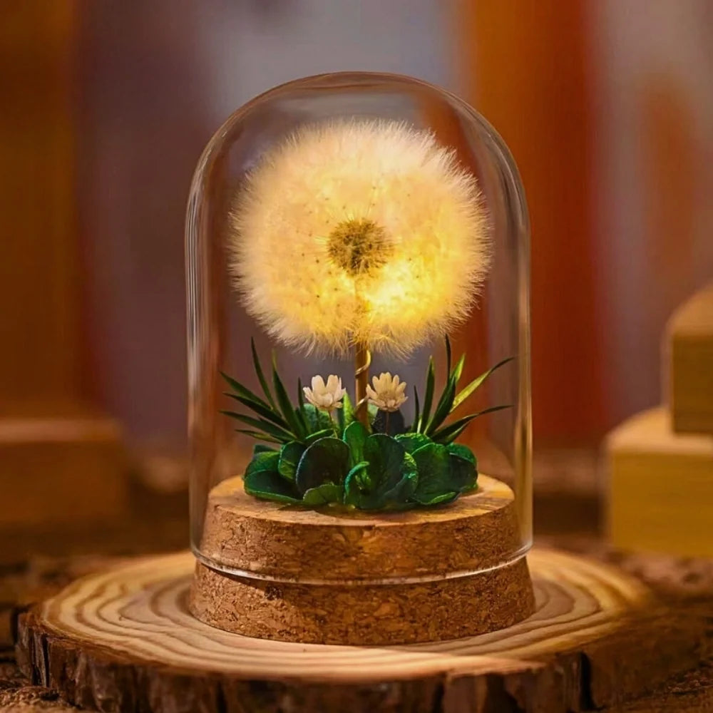Preserved Flower Glass Dome Night Light | Dried Rose, Dandelion or Poppy-Pinecone Design | Warm White Ambient Glow 1