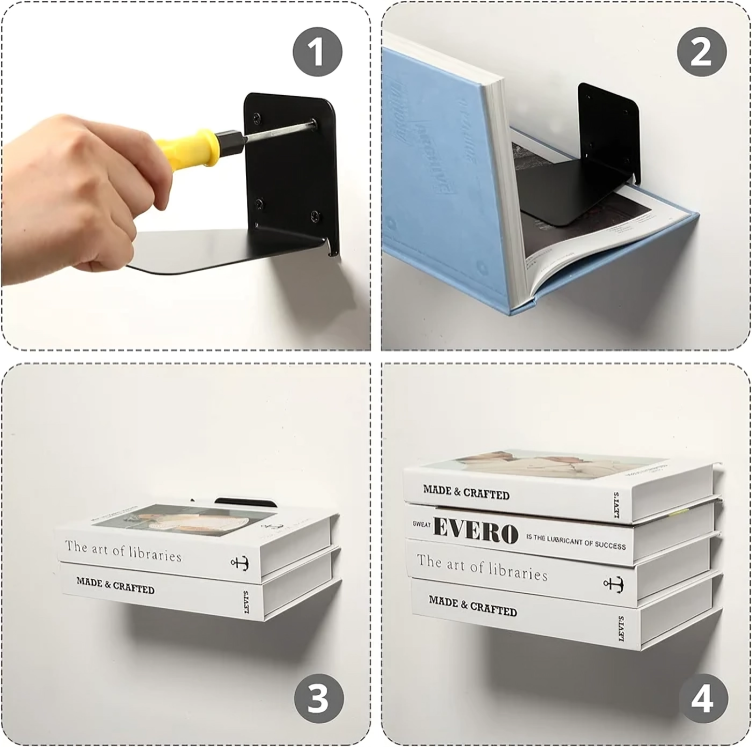 Invisible Book Shelf Bracket | Steel Build, Holds 6-8 Books Without Bending | Space-Saving Wall Mount Storage Solution 2