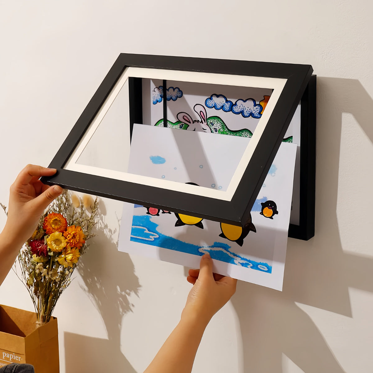 Kids Artwork Display Frame | Hidden Storage for 150 Pieces, Fits A4/US Letter | Magnetic Swap, White/Black/Wood 6