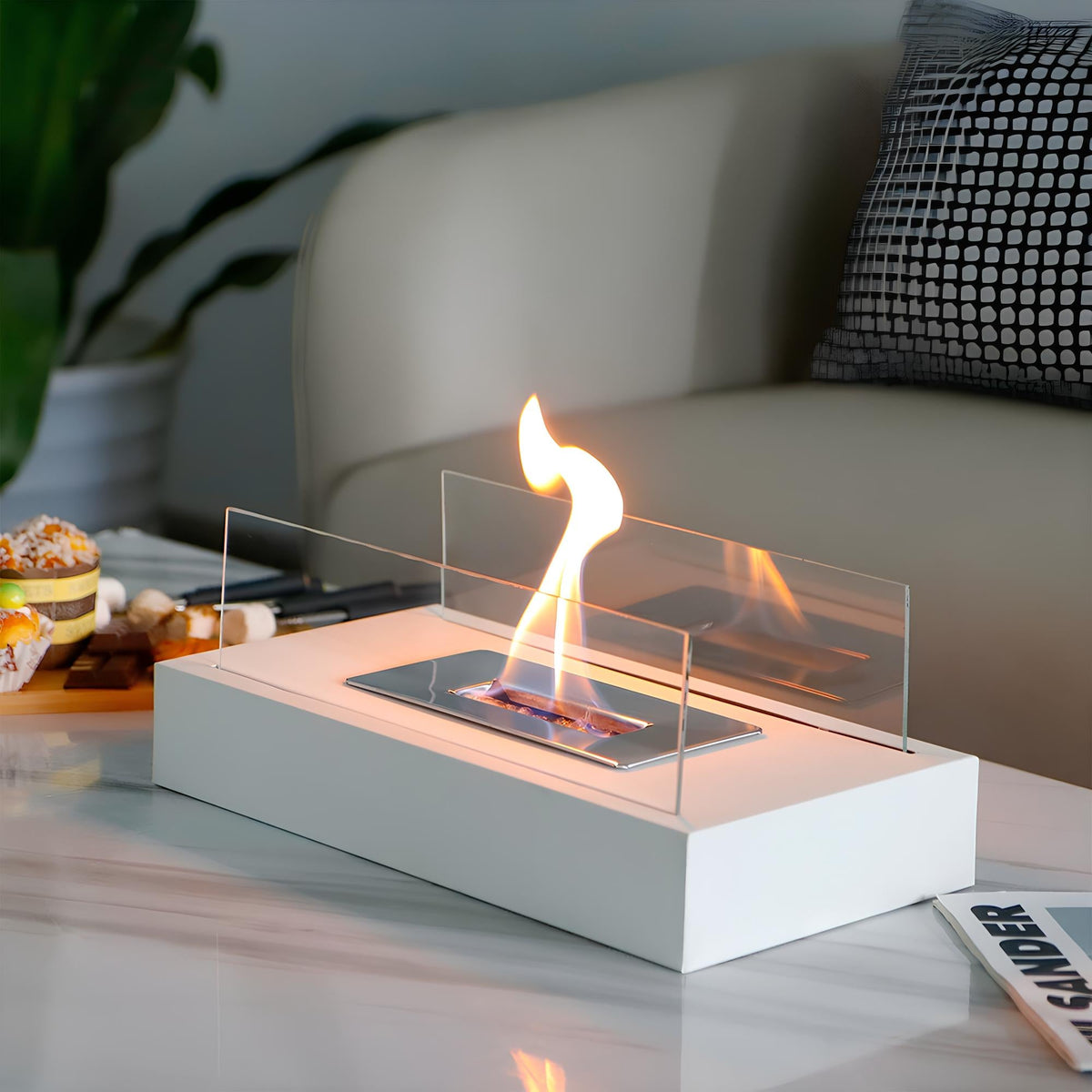 Tabletop Fireplace Metal & Tempered Glass | Ethanol Burner with Reusable Cotton Wick | Indoor & Outdoor Ambiance 2