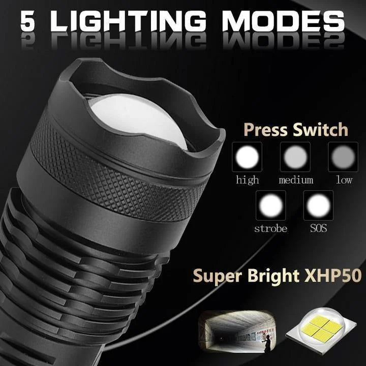 LED Flashlight XHP50 | Zoomable, 3 Modes, Up to 90000 Lumens | USB Rechargeable 18650/26650 Battery, IPX-6 Water-Resistant 8