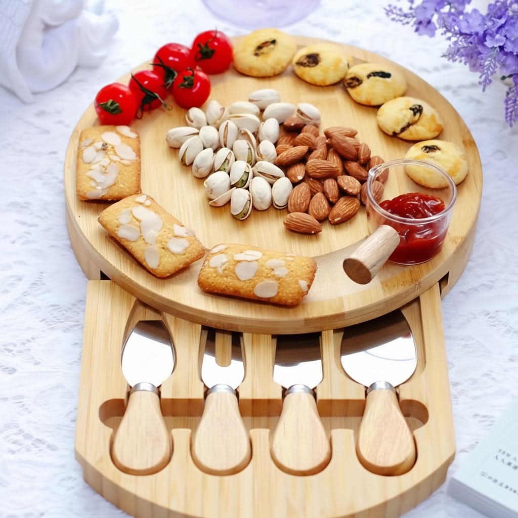 Bamboo Cheese Board Set with Drawer | Built-In Cutlery and Serving Tools | Portable Design for Parties and Picnics 8