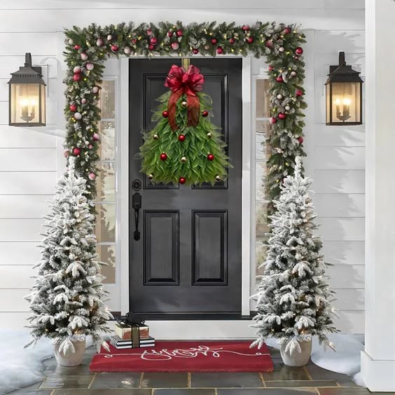 Christmas Tree Door Garland | 40 x 20 cm | Handmade Weatherproof Burlap with Bow, Berries & Warm Light Options 7