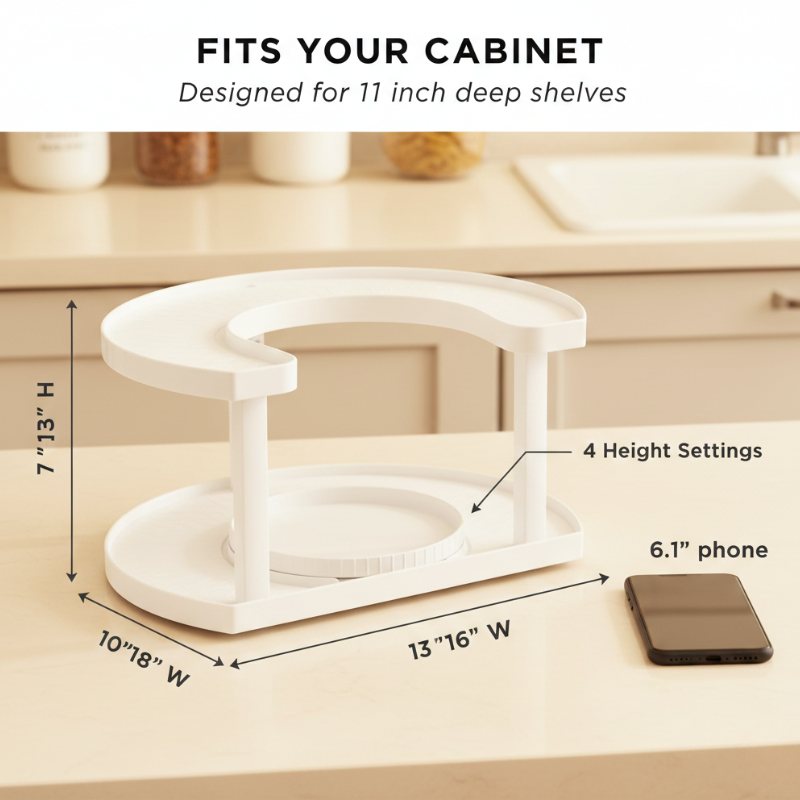 Rotating Spice Rack D-Shaped, 27.4 x 33.8 x 19.1 cm | White or Grey | Dual Rotation, 4-Level Adjustable Height 4