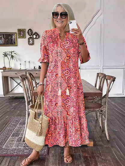 Boho Bliss | Women's Dress with Lace-Up Front & Tiered Skirt - Comfortable Summer Maxi in Blue, Orange, Red 3