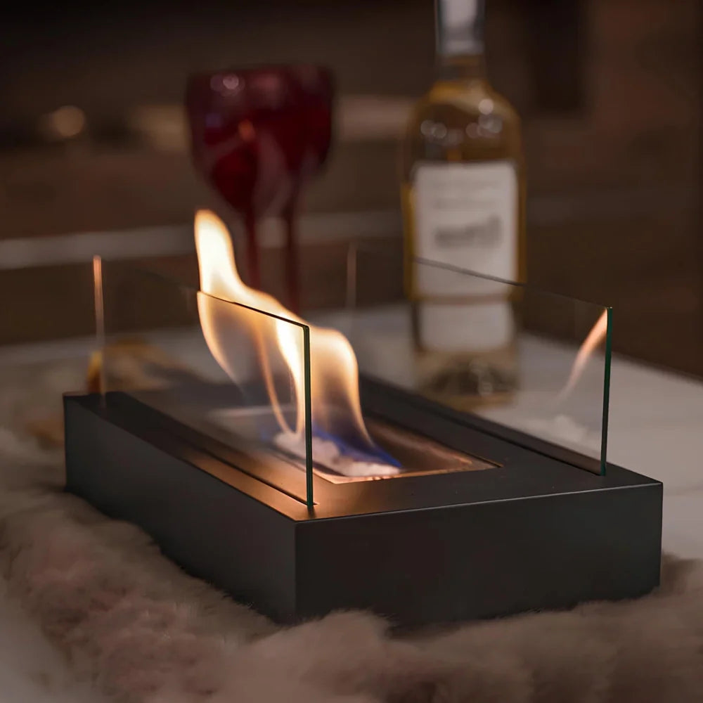 Tabletop Fireplace Metal & Tempered Glass | Ethanol Burner with Reusable Cotton Wick | Indoor & Outdoor Ambiance 1