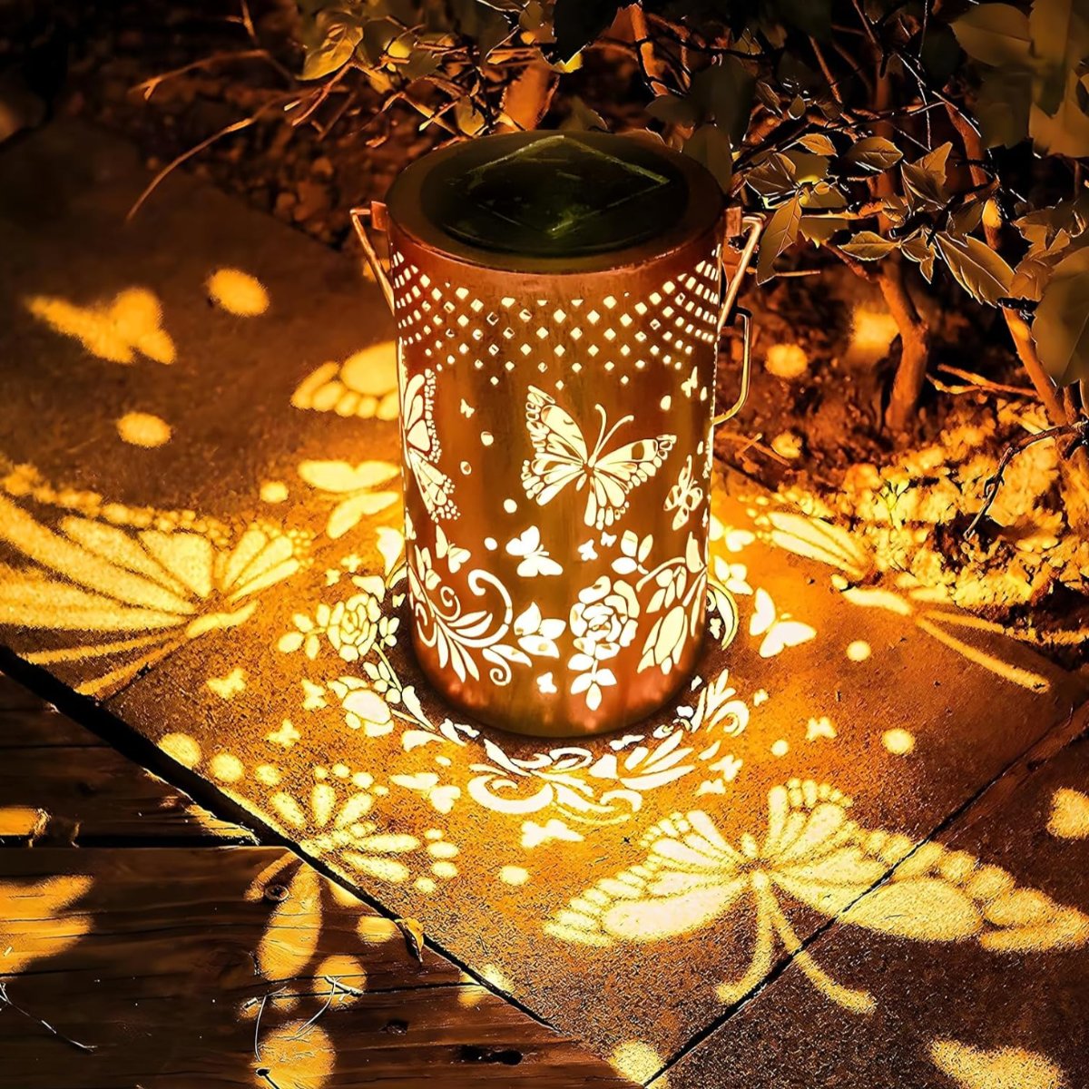 Solar Silhouette Lantern Iron | 30 x 10 cm, Sun Flower or Butterfly Cutout | IP55 Weatherproof, 8-12 Hour Warm White Glow 2