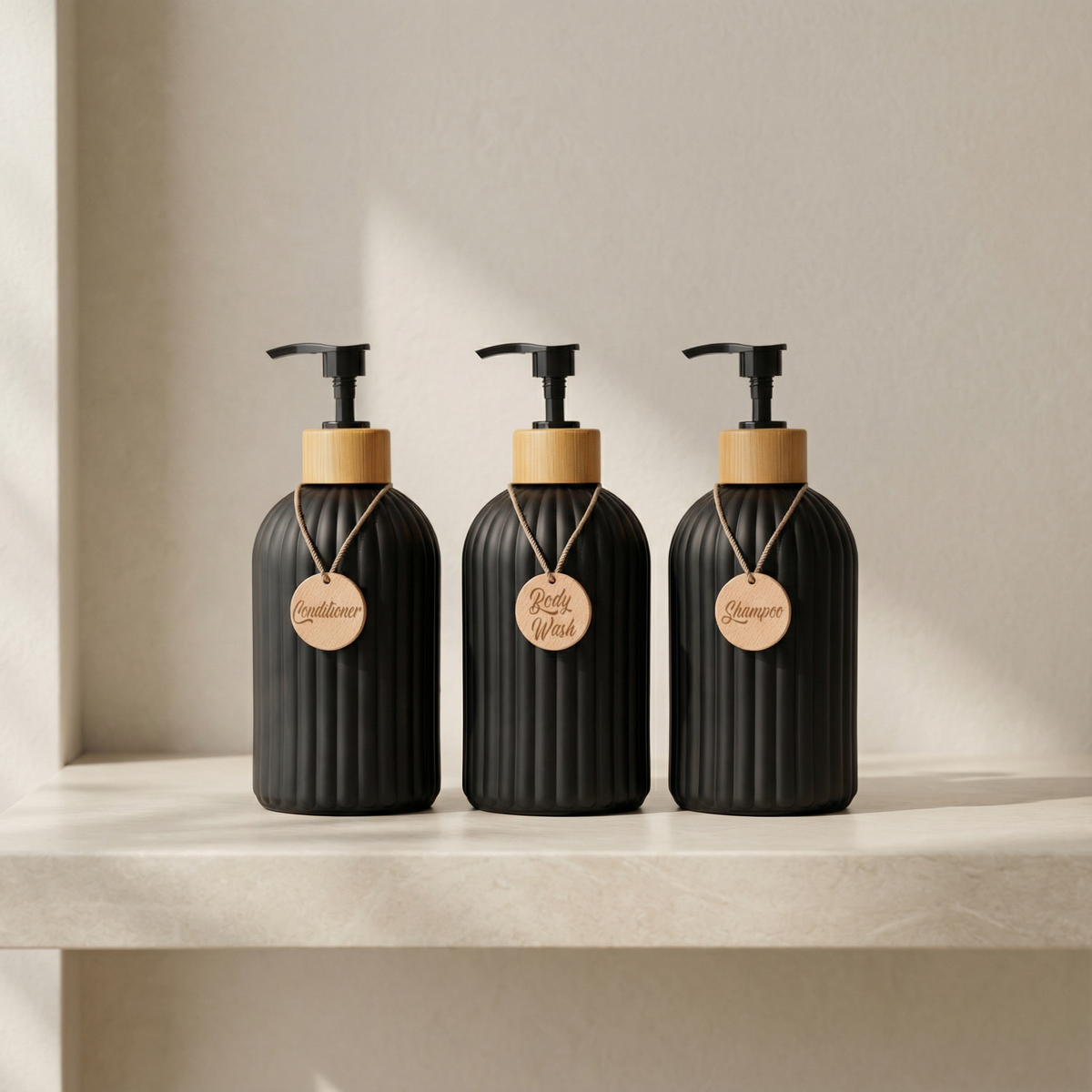 Three black soap dispensers with wooden pumps on a beige shelf.