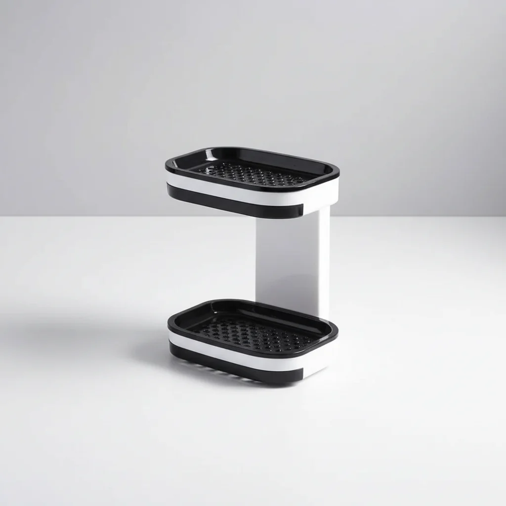 Black and white kitchen rack with two shelves on a light gray background