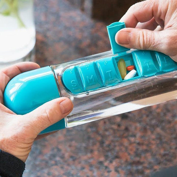 Pill Organizer Water Bottle BPA-Free | 7-Day Compartments & Screw-Top Cup Lid | Portable Vitamin & Supplement Storage 1