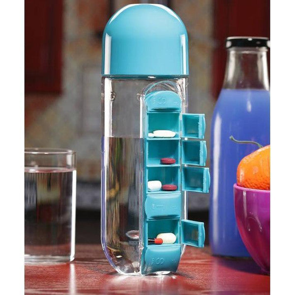 Pill Organizer Water Bottle BPA-Free | 7-Day Compartments & Screw-Top Cup Lid | Portable Vitamin & Supplement Storage 7