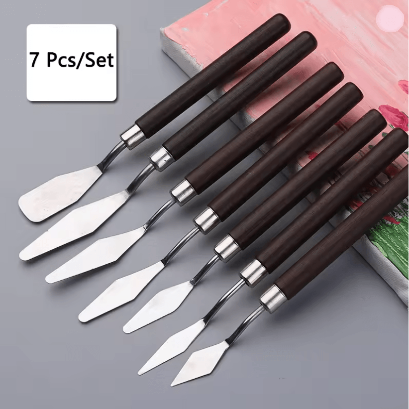 Stainless Steel Palette Knife Set | Flexible Blades, Wooden Handles, 1-7 Piece Options | Oil, Acrylic and Cake Decorating 7