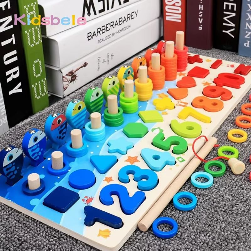 Montessori Math Puzzle Toy Wooden Board | 5-in-1 Counting, Sorting, Stacking & Magnetic Fishing Game | Screen-Free Learning 1