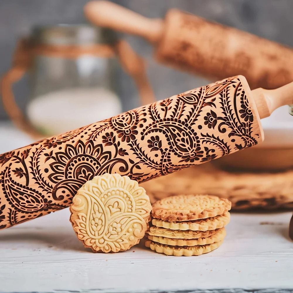 Engraved Wooden Rolling Pin | Floral & Tree Pattern Embossing | Decorative Dough Roller for Cookies, Pastries and Pie Crusts 1
