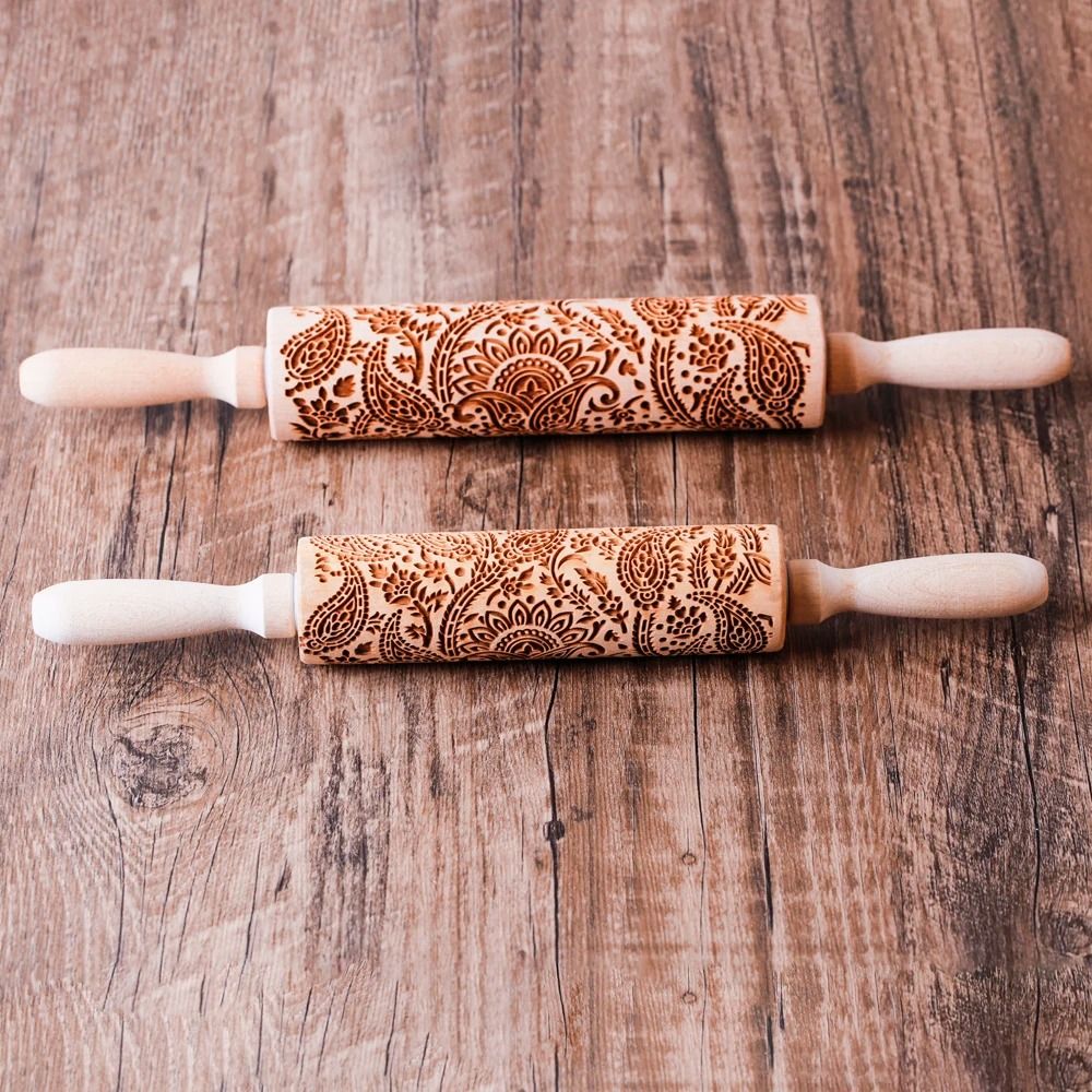 Engraved Wooden Rolling Pin | Floral & Tree Pattern Embossing | Decorative Dough Roller for Cookies, Pastries and Pie Crusts 2