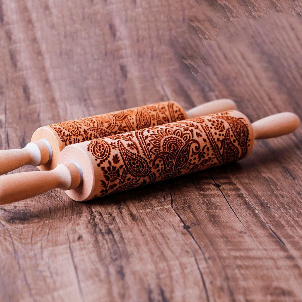 Engraved Wooden Rolling Pin | Floral & Tree Pattern Embossing | Decorative Dough Roller for Cookies, Pastries and Pie Crusts 3