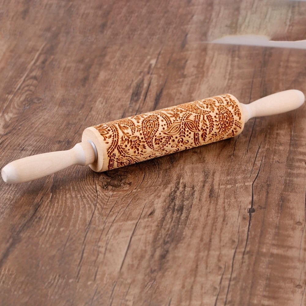 Engraved Wooden Rolling Pin | Floral & Tree Pattern Embossing | Decorative Dough Roller for Cookies, Pastries and Pie Crusts 6