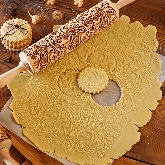 Engraved Wooden Rolling Pin | Laser-Etched Floral & Geometric Patterns | Embossed Cookie and Fondant Dough Roller Tool 1