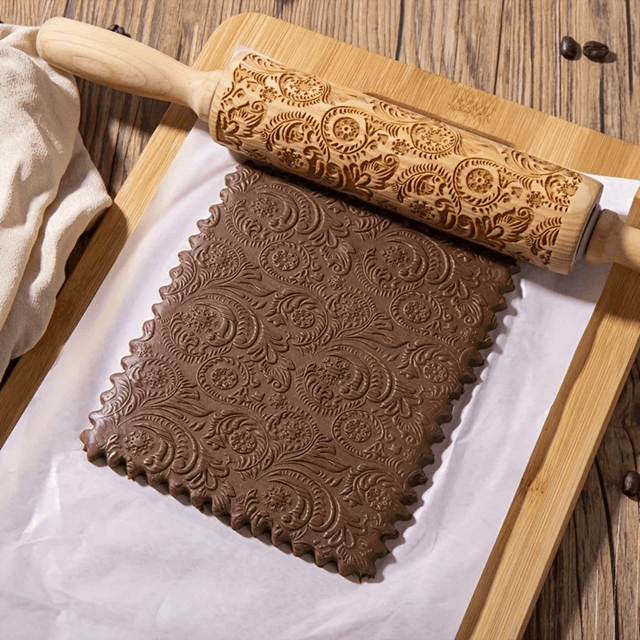 Engraved Wooden Rolling Pin | Laser-Etched Floral & Geometric Patterns | Embossed Cookie and Fondant Dough Roller Tool 2