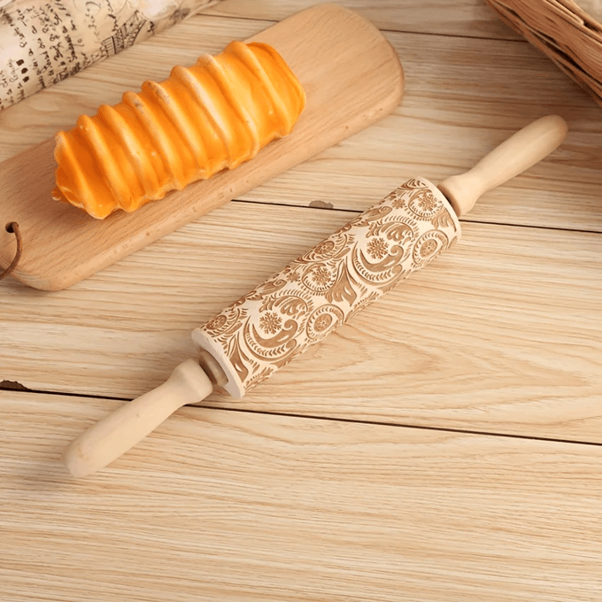 Engraved Wooden Rolling Pin | Laser-Etched Floral & Geometric Patterns | Embossed Cookie and Fondant Dough Roller Tool 3