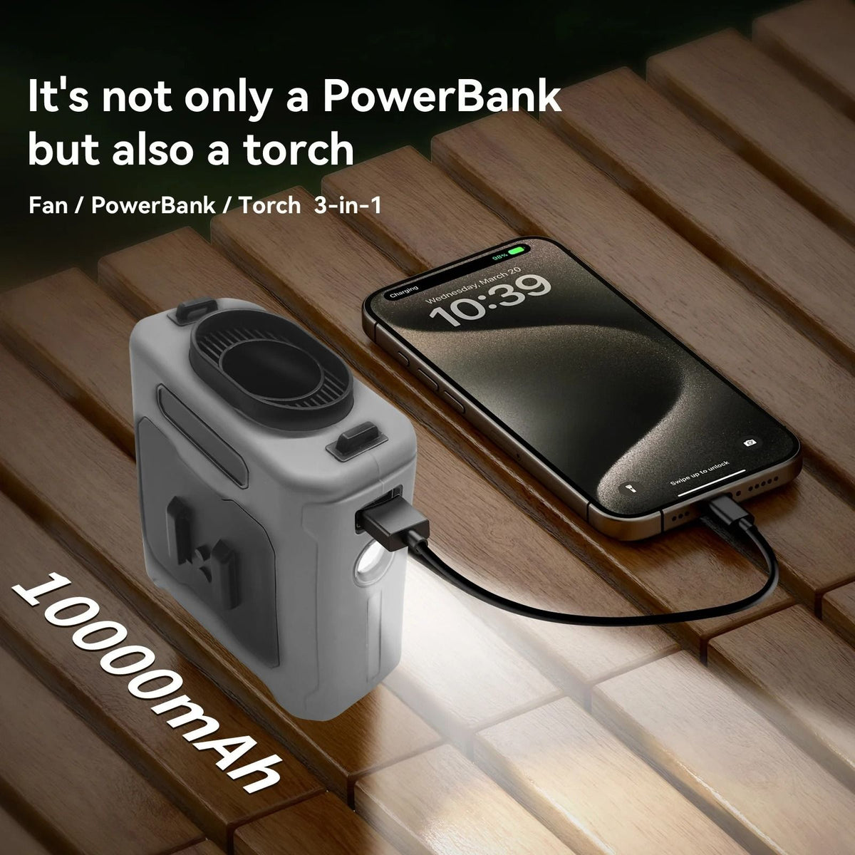 Portable Waist Fan with Power Bank and LED Light | 5-Speed Cooling, 6.5 m/s Airflow | 10000mAh Battery, IPX4 Waterproof 3