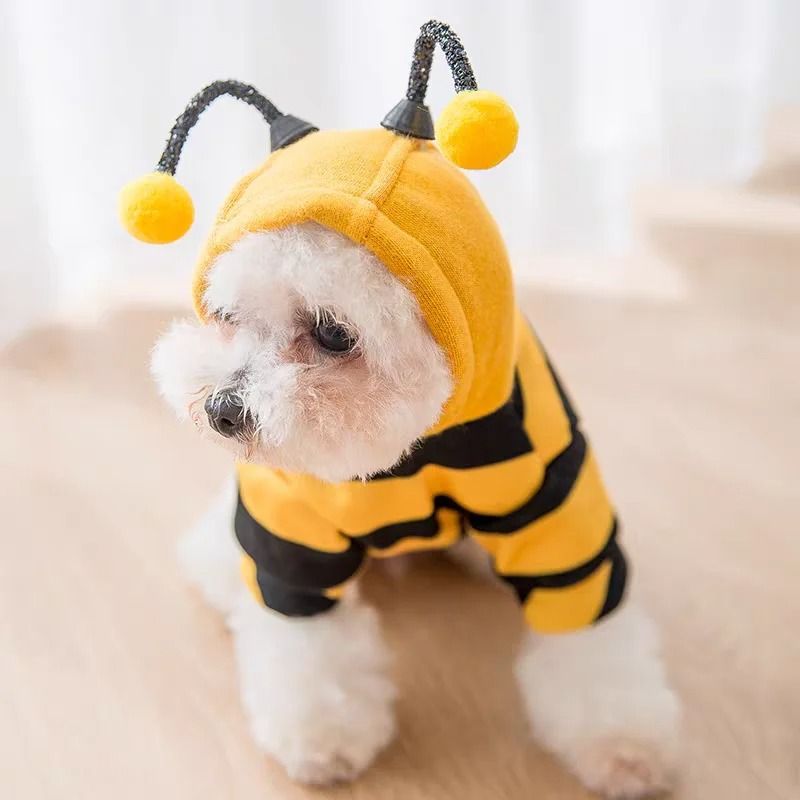 Bee-Print Fleece Hoodie for Pets | Pull-On Design with Pompom Antennas | Warm Winter Costume for Small Dogs and Cats 3