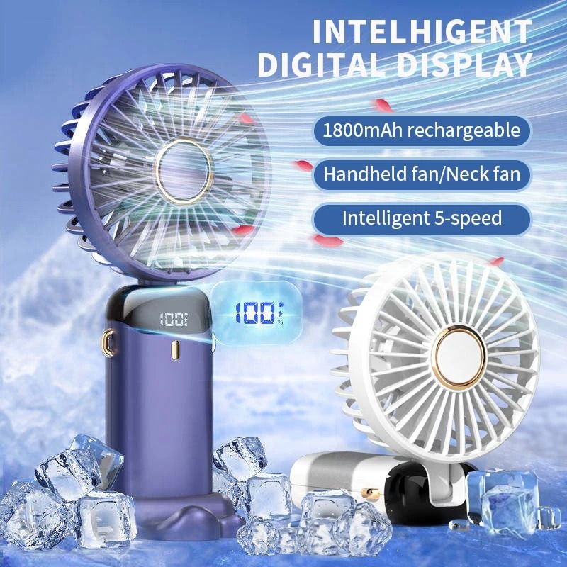 Foldable Neck Fan Handheld | 3-in-1 Desk Fan with LED Display and Phone Stand | 5-Speed Dual Battery USB Rechargeable 1