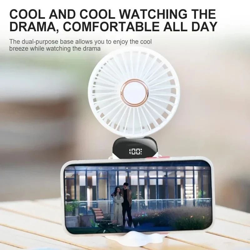 Foldable Neck Fan Handheld | 3-in-1 Desk Fan with LED Display and Phone Stand | 5-Speed Dual Battery USB Rechargeable 3