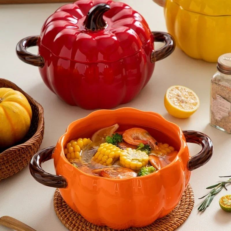 Ceramic Pumpkin Soup Bowl with Lid | Halloween Serving Pot with Side Handles | Keeps Soup, Ramen & Stew Warm Longer 1
