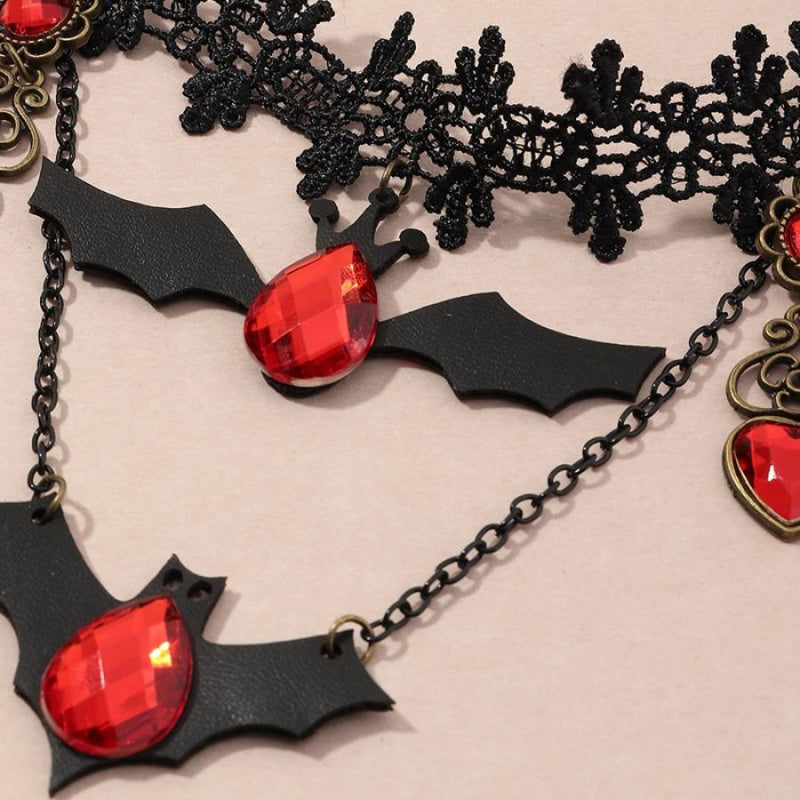 Women's Gothic Pendant Necklace | Bat & Ruby Heart Design 3