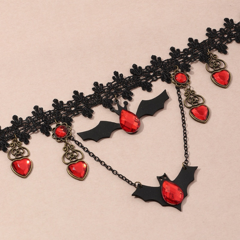 Women's Gothic Pendant Necklace | Bat & Ruby Heart Design 4