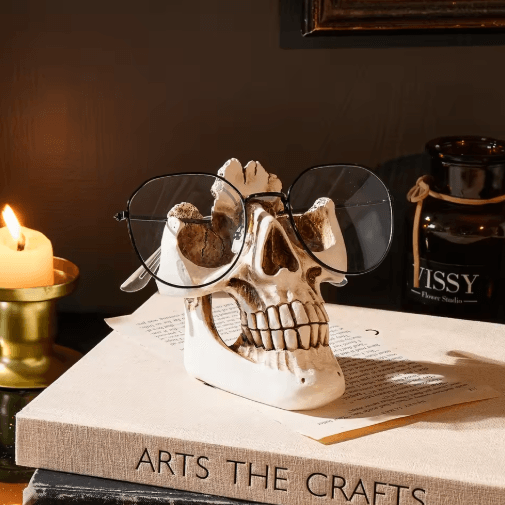 Skull Resin Glasses Holder | Halloween Decorative Storage Rack | Holds Eyeglasses & Sunglasses Securely on Desk or Shelf 1