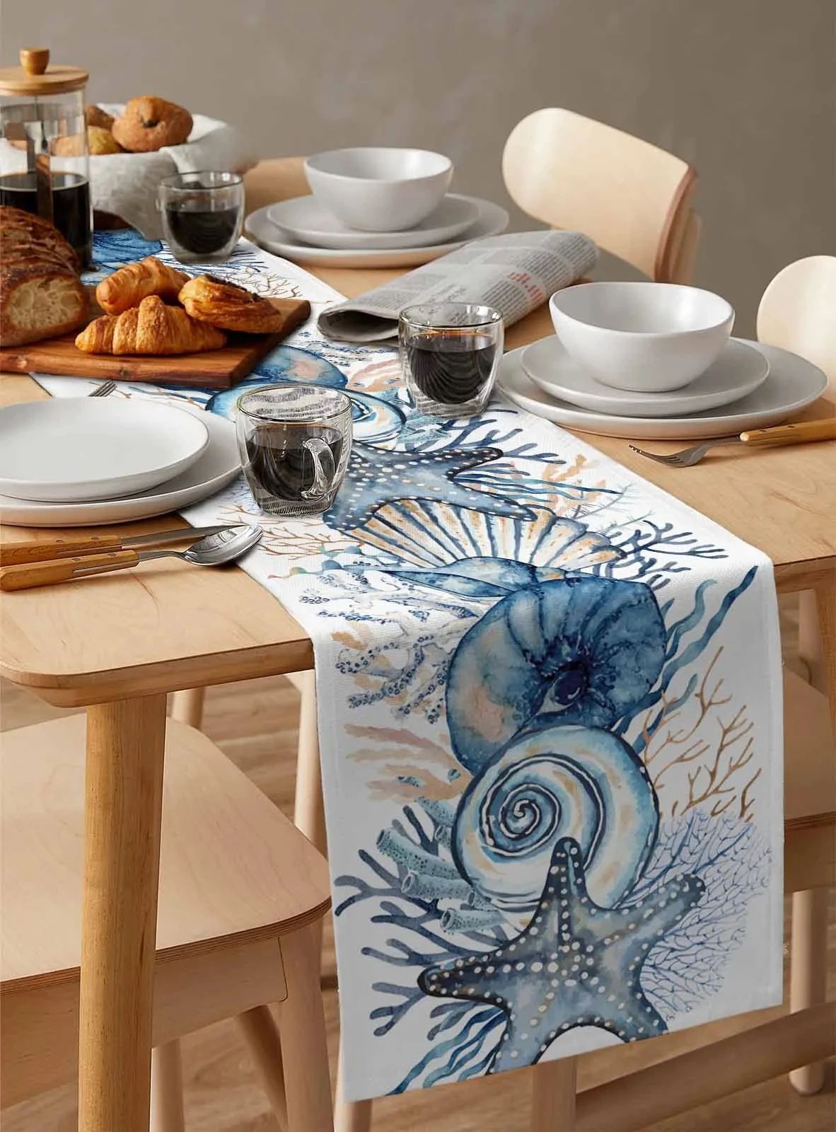 Linen Table Runner 100% Linen | Conch & Coral Print Design | Fade & Shrink Resistant, Breathable Fabric for Dining 2