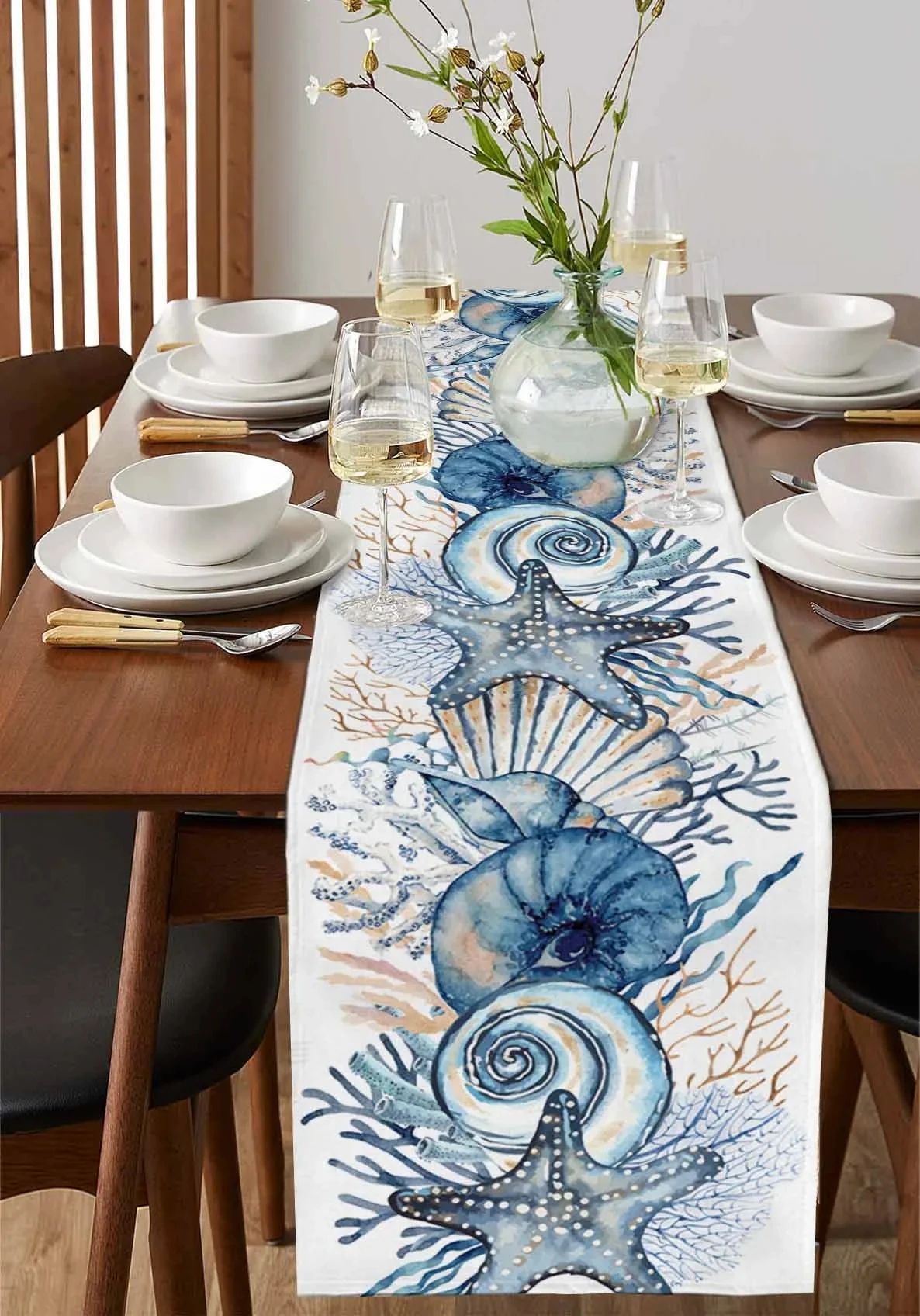 Linen Table Runner 100% Linen | Conch & Coral Print Design | Fade & Shrink Resistant, Breathable Fabric for Dining 3