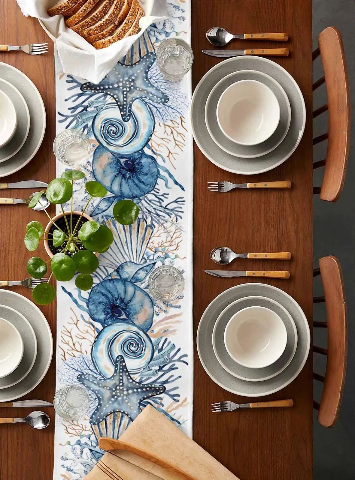 Linen Table Runner 100% Linen | Conch & Coral Print Design | Fade & Shrink Resistant, Breathable Fabric for Dining 4