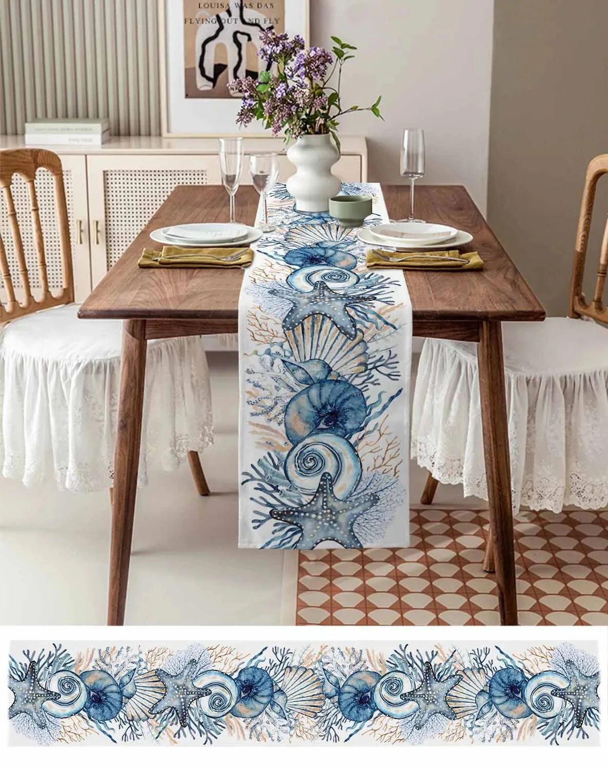 Linen Table Runner 100% Linen | Conch & Coral Print Design | Fade & Shrink Resistant, Breathable Fabric for Dining 5
