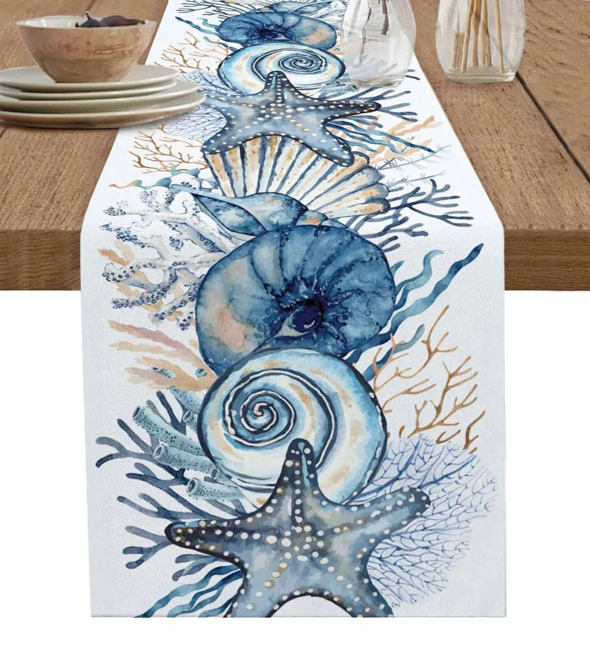 Linen Table Runner 100% Linen | Conch & Coral Print Design | Fade & Shrink Resistant, Breathable Fabric for Dining 1
