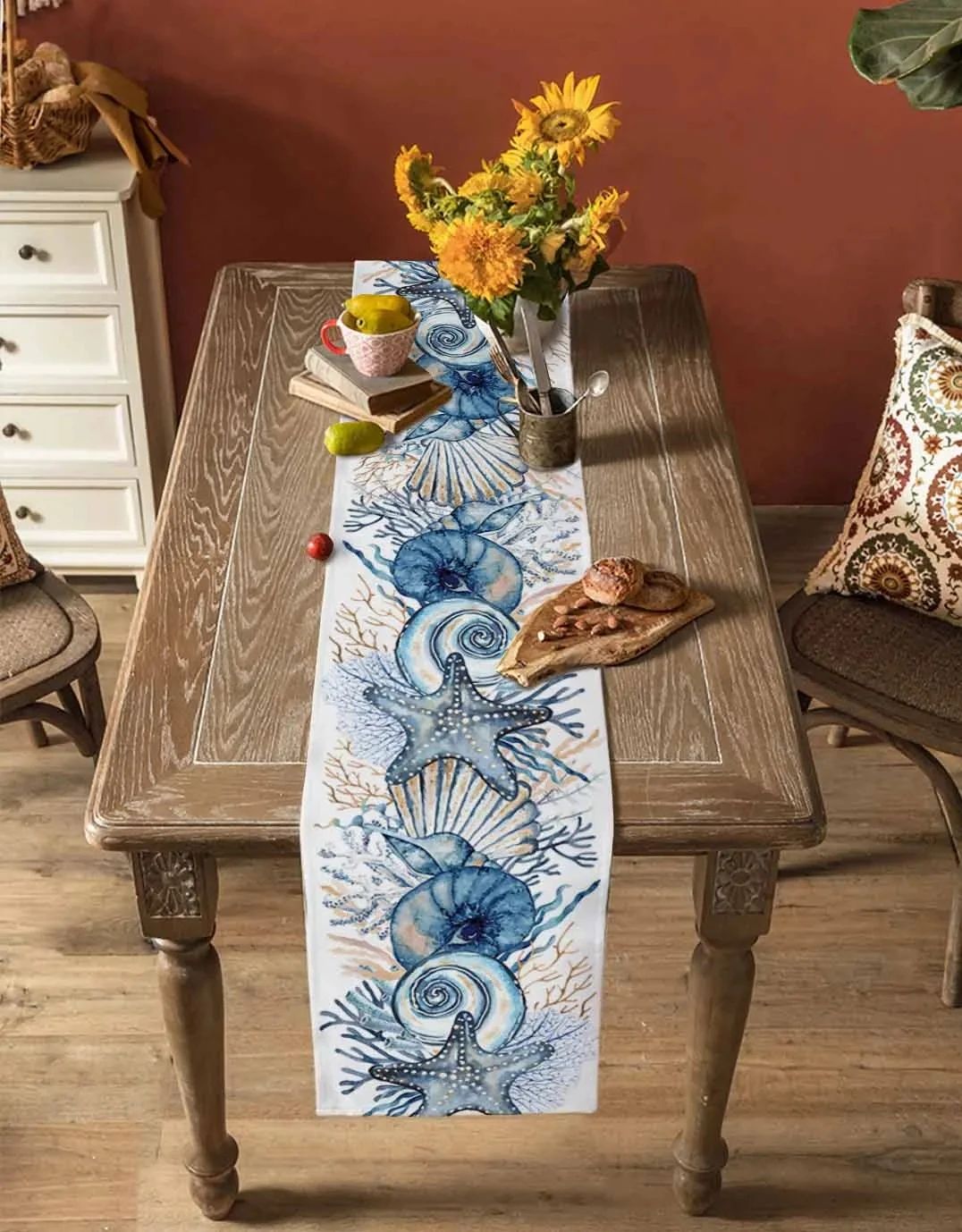 Linen Table Runner 100% Linen | Conch & Coral Print Design | Fade & Shrink Resistant, Breathable Fabric for Dining 6