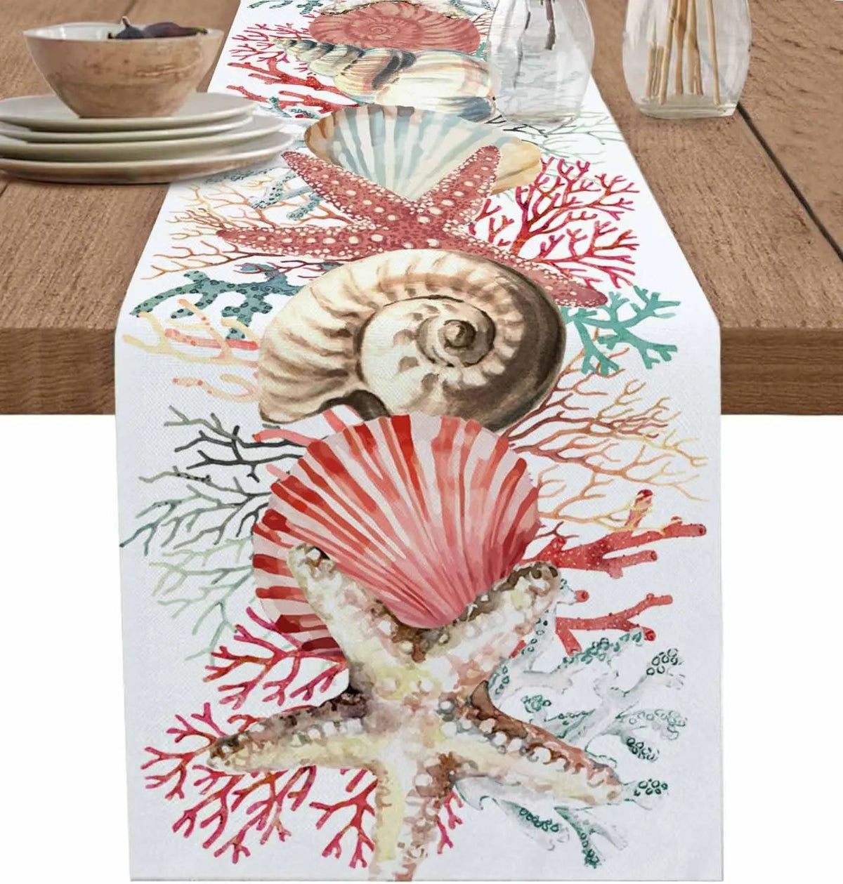 Linen Table Runner 100% Linen | Conch & Coral Print Design | Fade & Shrink Resistant, Breathable Fabric for Dining 8