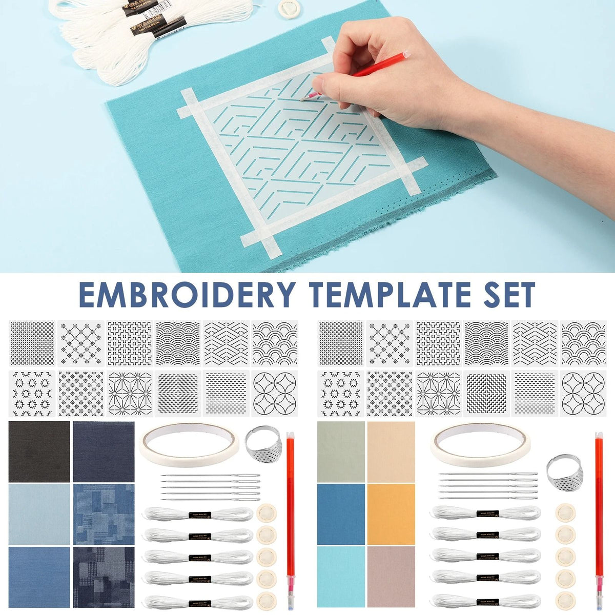 Sashiko Embroidery Stencil Kit 12 Piece Set | Reusable Templates with Thread, Needles & Thimble | Beginner Hand Stitching 1