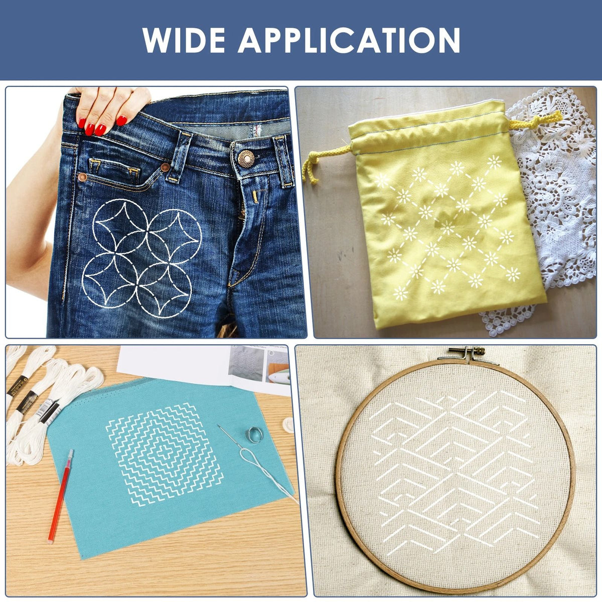 Sashiko Embroidery Stencil Kit 12 Piece Set | Reusable Templates with Thread, Needles & Thimble | Beginner Hand Stitching 5